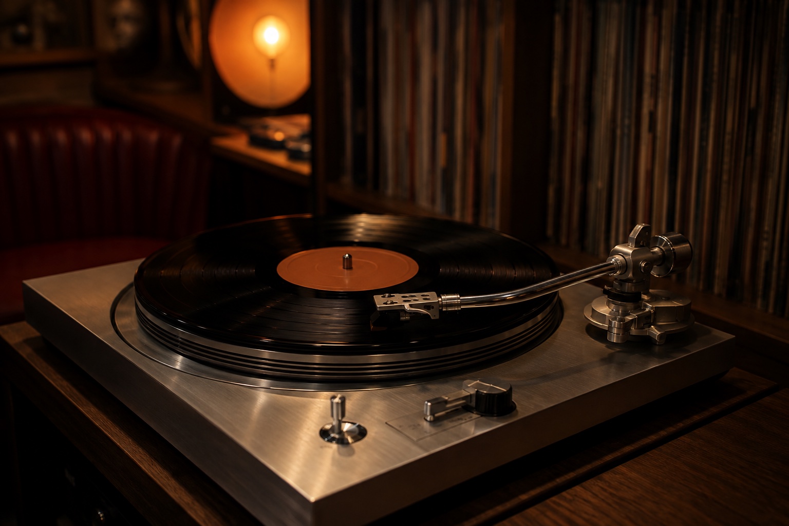 The fine grooves of a vinyl record on a brushed aluminum turntable