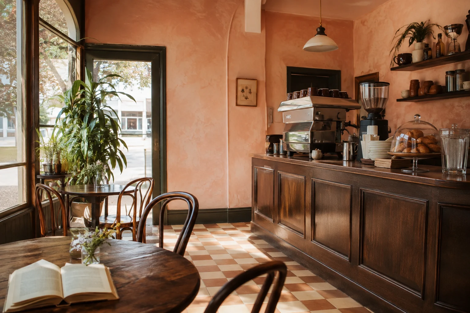 Sunlight across the tables and walnut counter at the Daybreak concept café