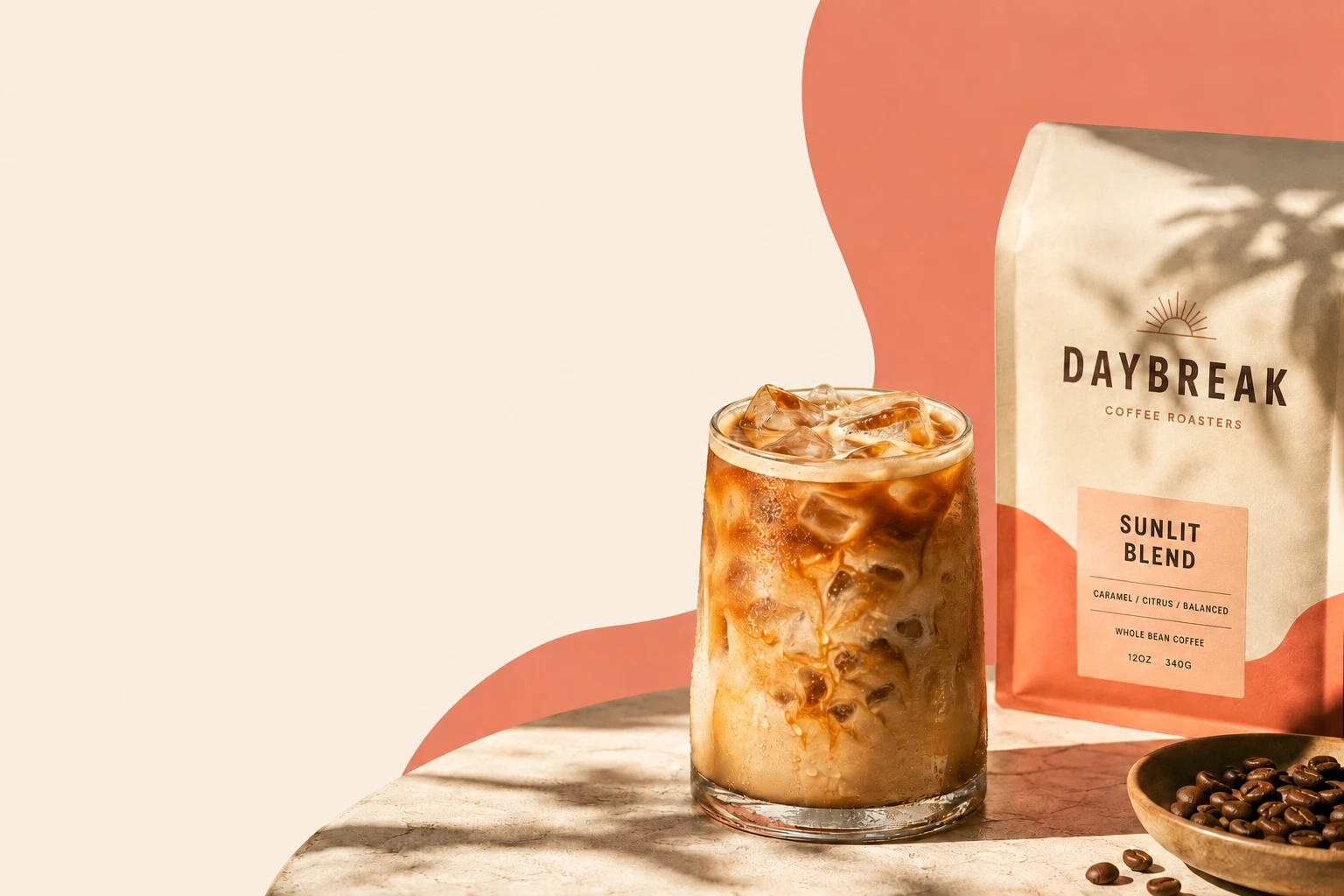 Daybreak Sunlit Blend coffee and an iced latte in the morning light