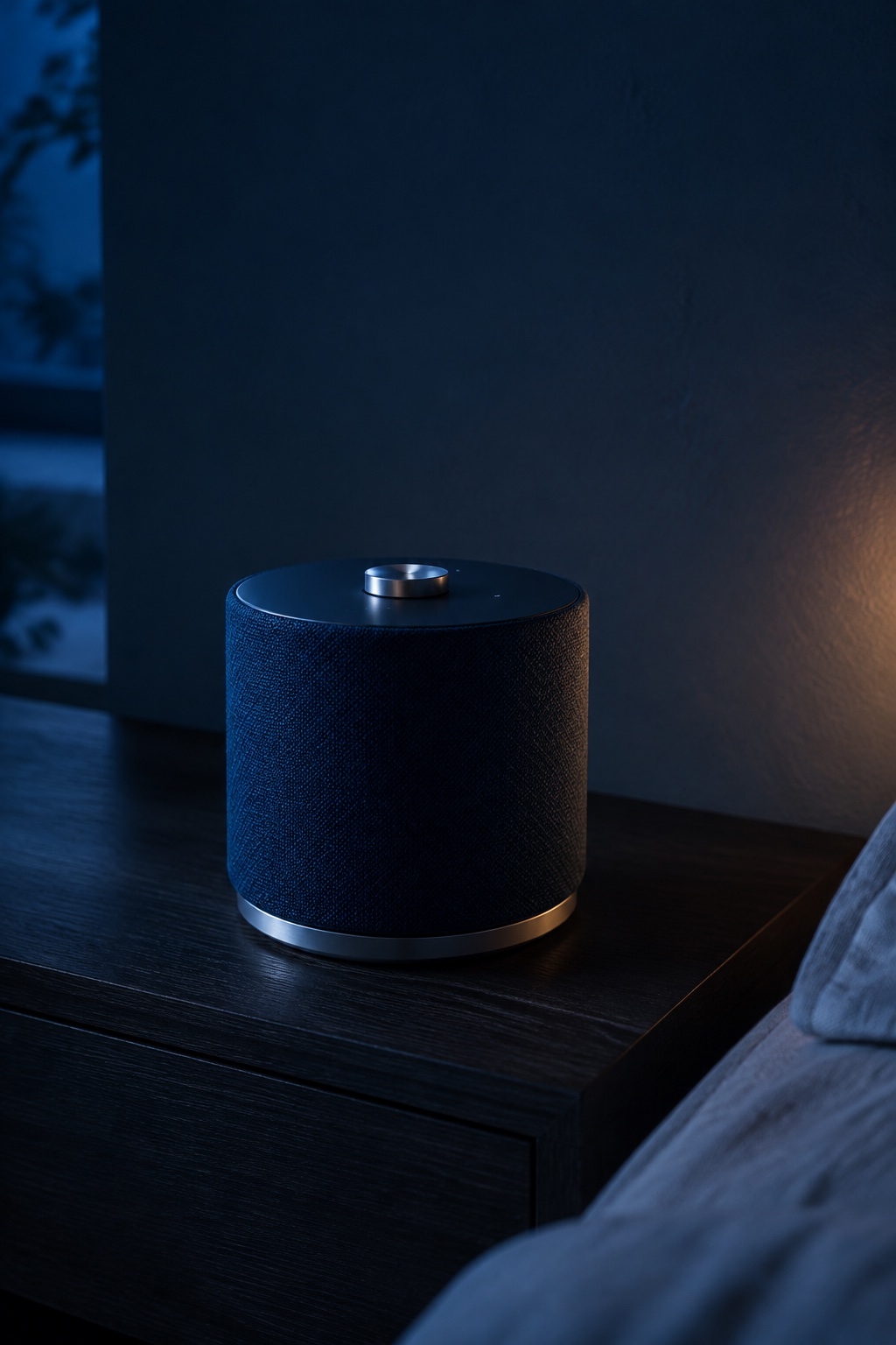 Hush One, a navy wool speaker on an oak nightstand at blue hour