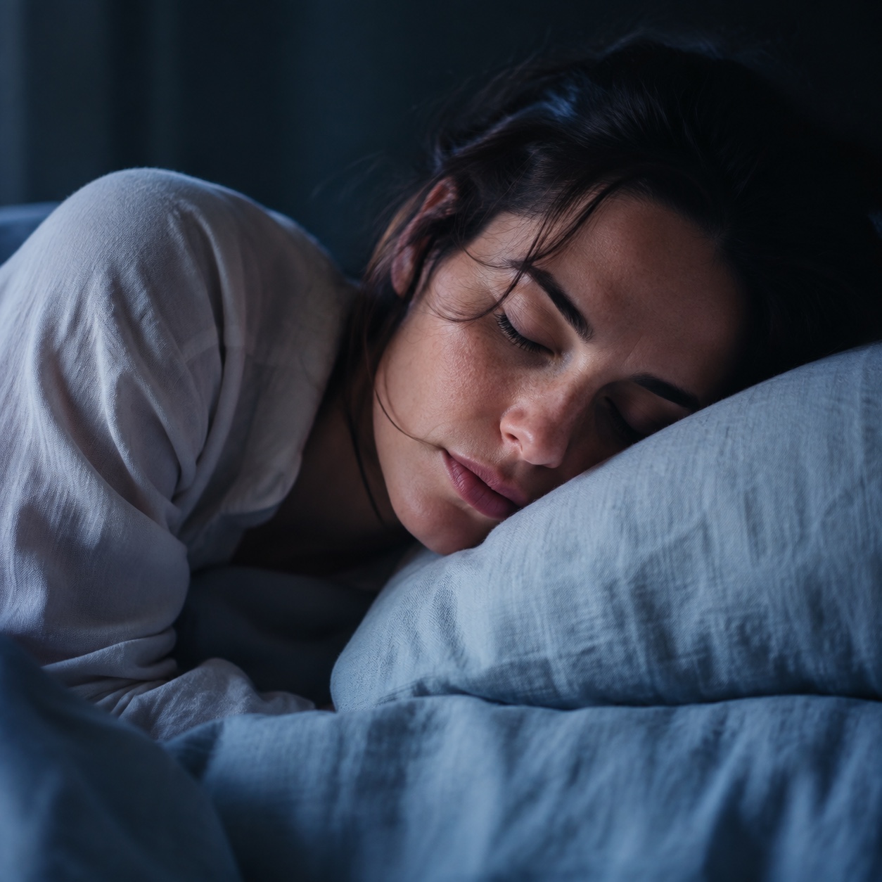 A woman resting on a soft linen pillow in quiet window light