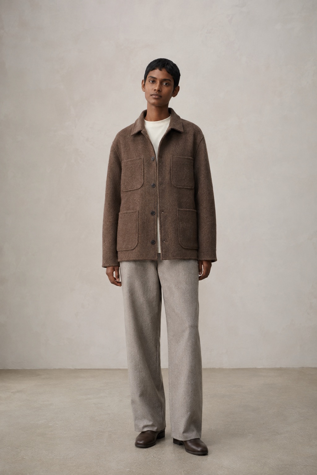 Clay wool overshirt with patch pockets over an off-white T-shirt