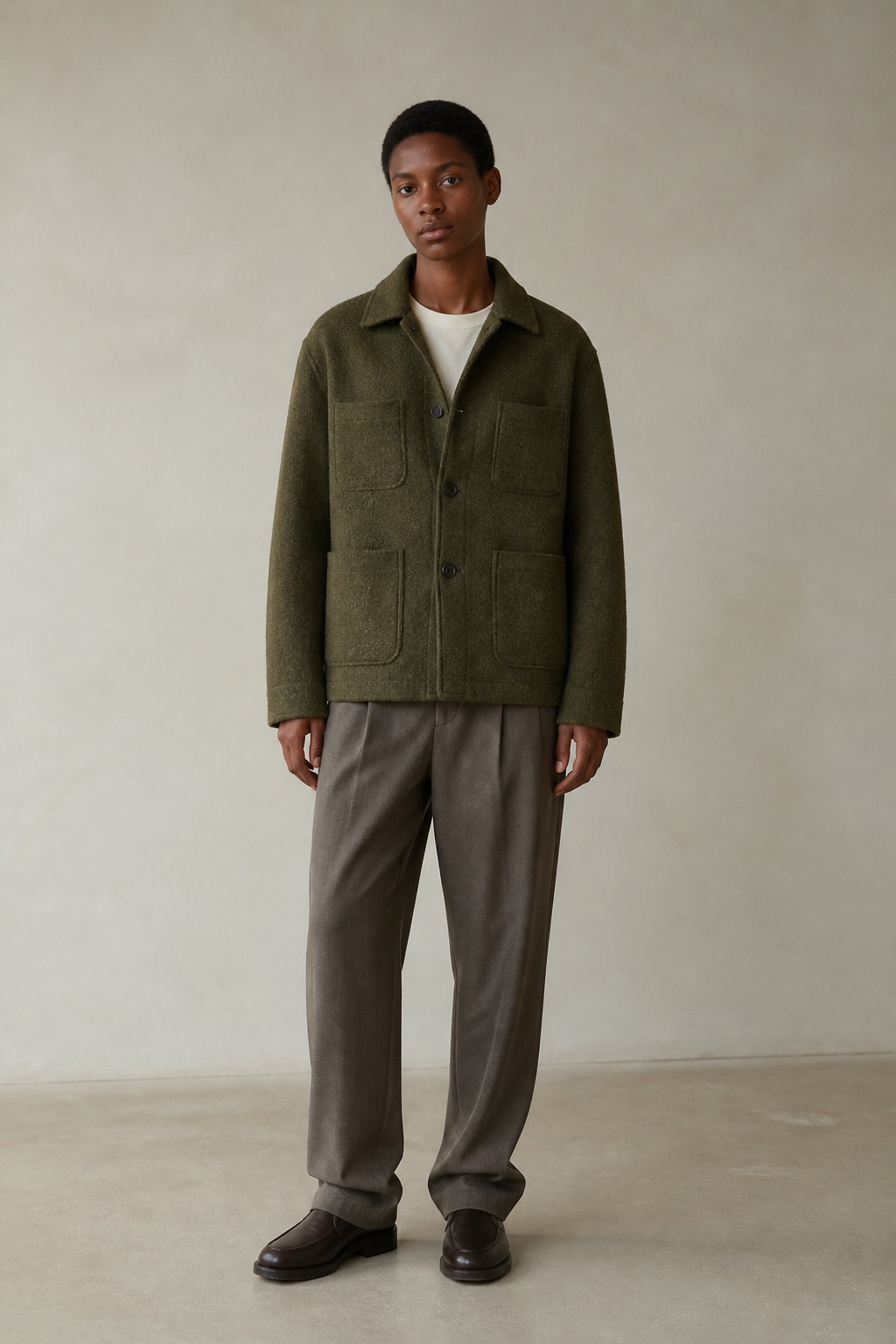 Olive wool overshirt with patch pockets