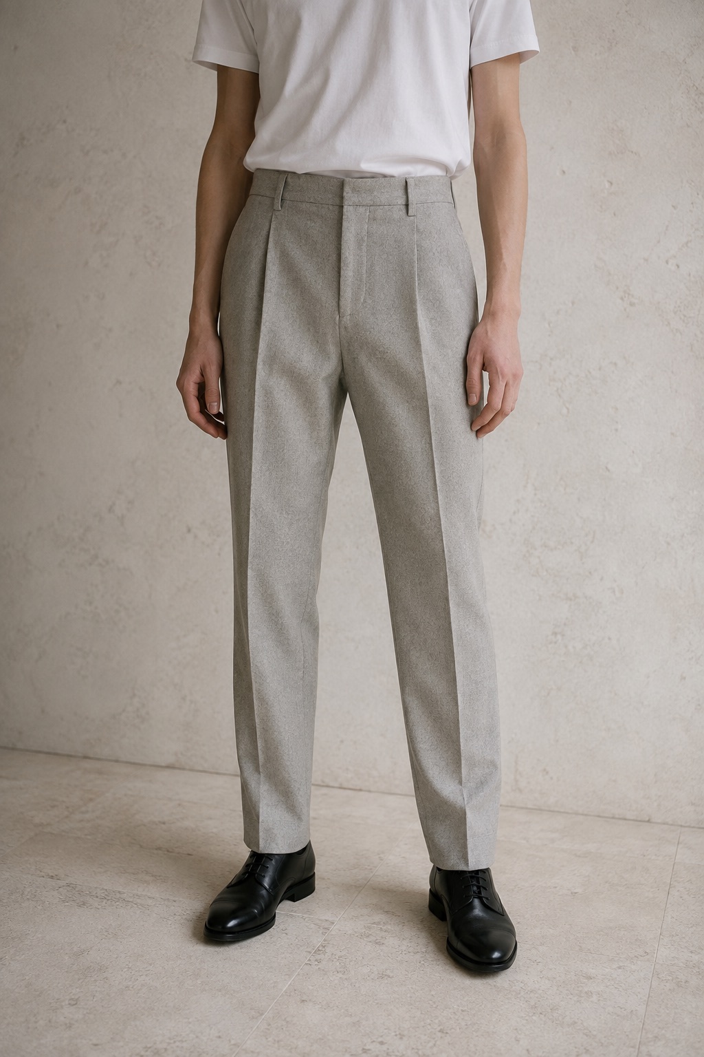 Stone tapered trousers with black shoes