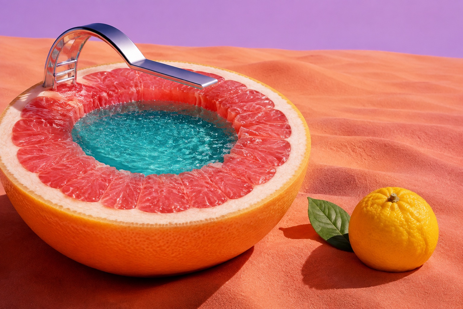A surreal grapefruit swimming pool with sparkling turquoise water and a chrome diving board in a coral landscape