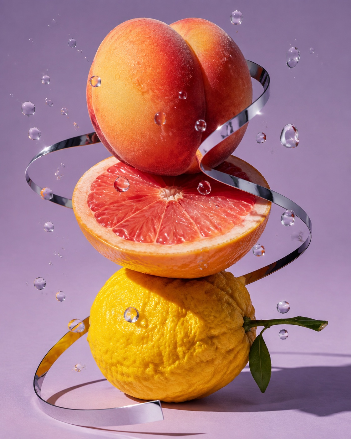 A playful tower of peach, grapefruit and yuzu wrapped in a mirrored chrome ribbon