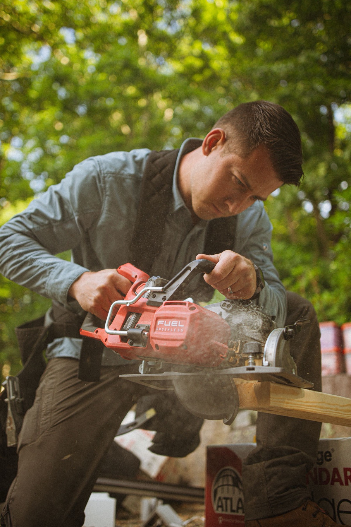 Danny Ortega running a circular saw at the sawhorse