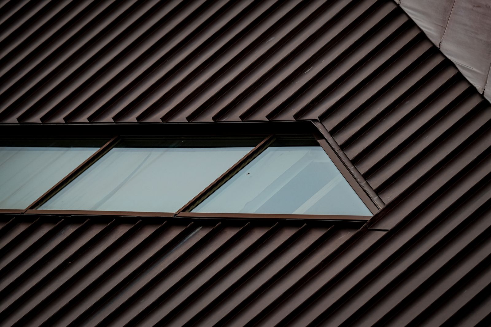 A dark standing-seam metal roof with a skylight set into the panels