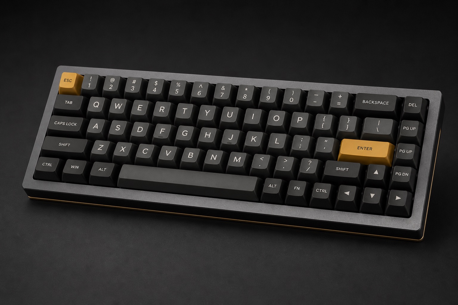 Ashfall: a gunmetal aluminium keyboard with graphite keycaps and amber accents.