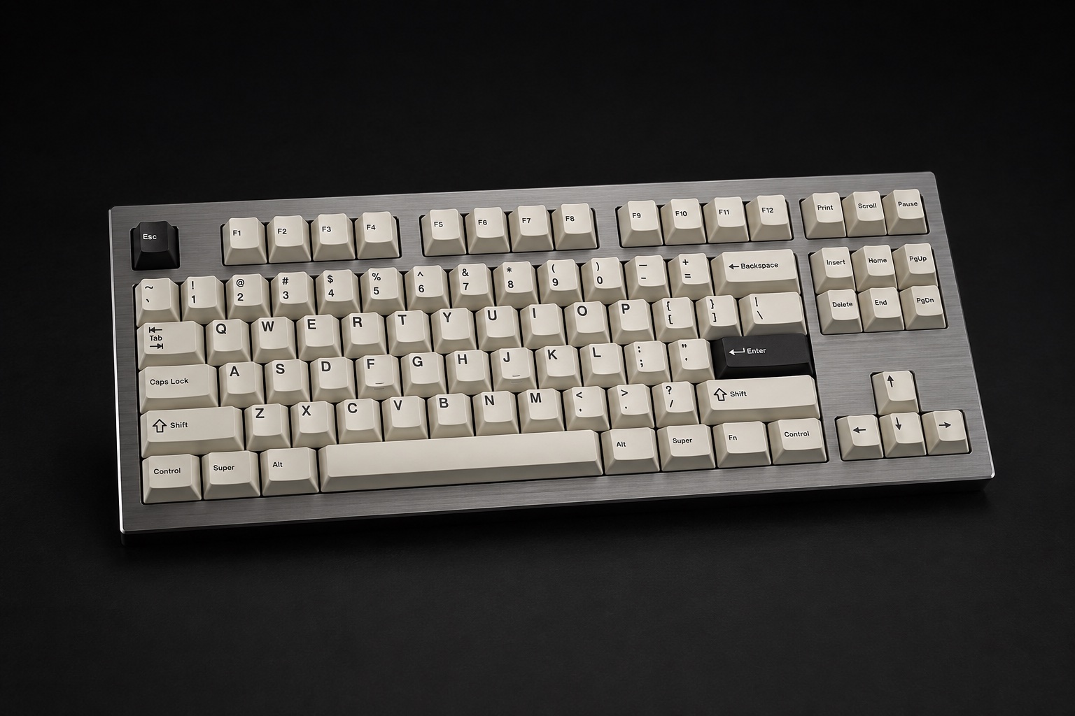 Ivory Bar tenkeyless keyboard with a brushed titanium case and ivory keycaps.