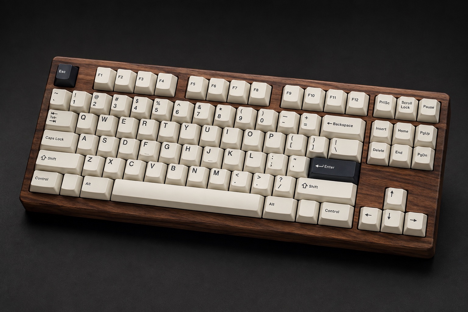 Long Grain tenkeyless keyboard with a richly grained walnut case and ivory keycaps.