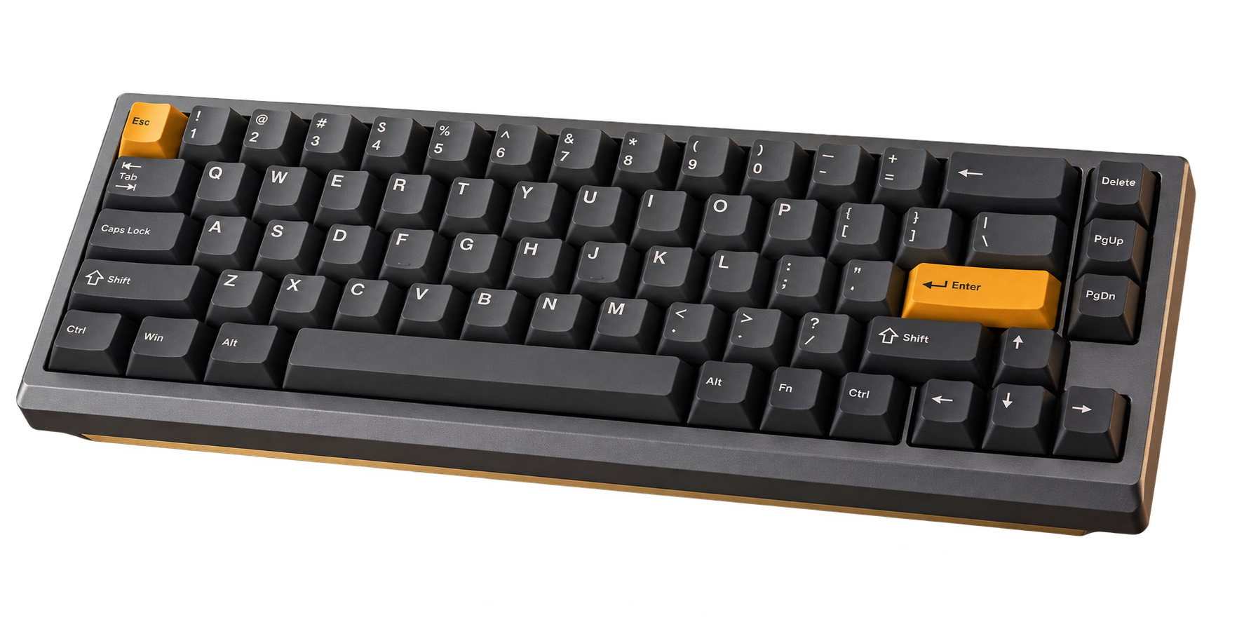 Sable 65% mechanical keyboard in bead-blasted gunmetal aluminium, with sculpted graphite keycaps and amber accent keys.