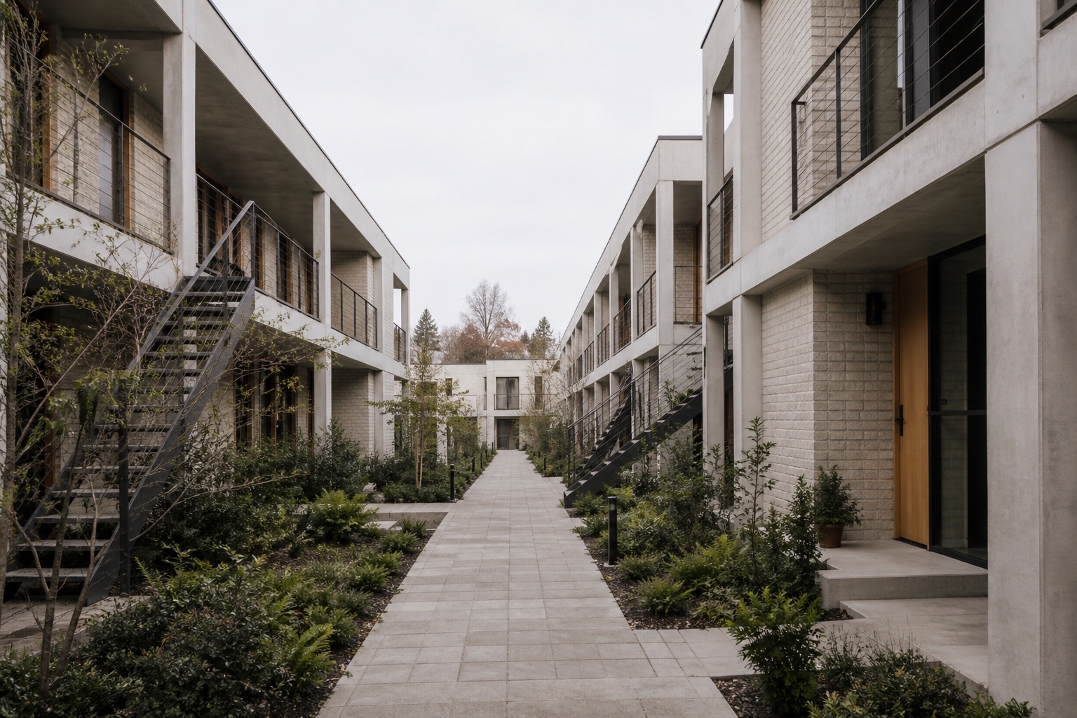 Concrete and pale brick homes surrounding a planted courtyard with exterior stairs and walkways.