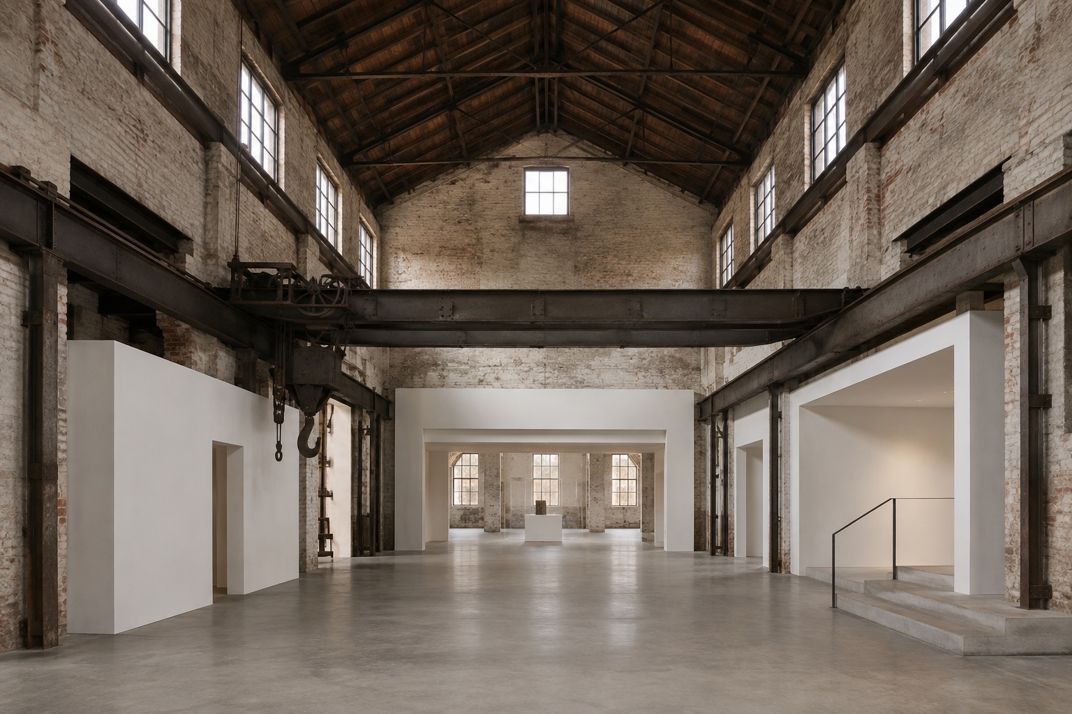 A pale brick industrial hall with high windows, exposed steel structure and a retained crane rail.