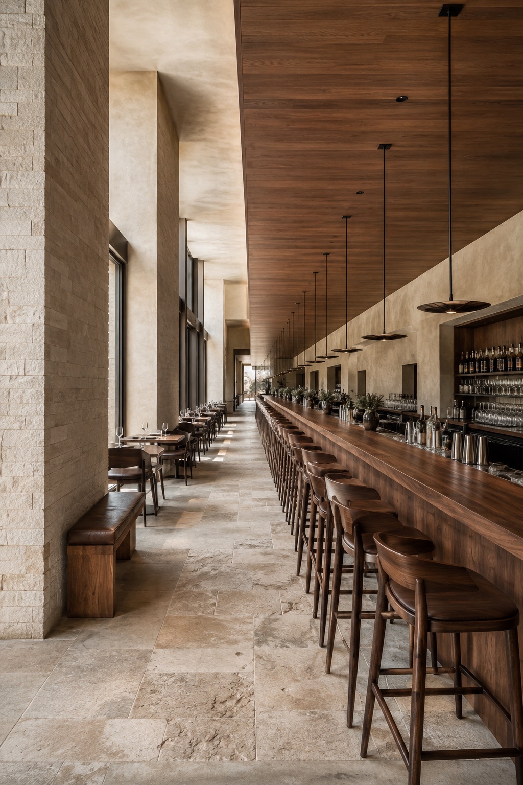 A walnut bar and bronze lamps extending through a narrow restaurant with limestone surfaces.
