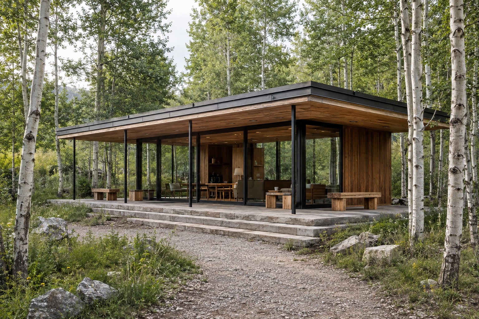 A low timber pavilion among aspens, with a sheltered stone porch and glazed communal space.