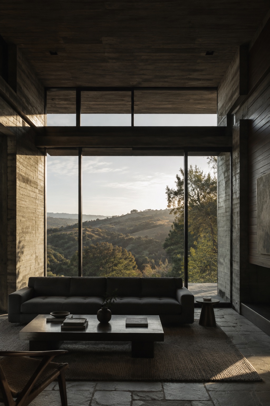 A charcoal sofa and low table in a concrete living room overlooking oak-covered hills.